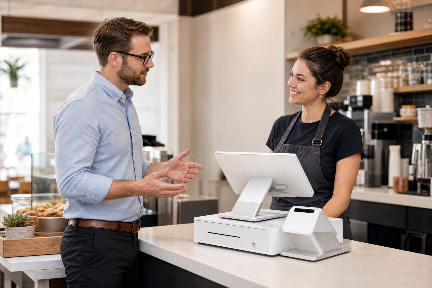 Business advisor discussing point-of-sale options with a merchant