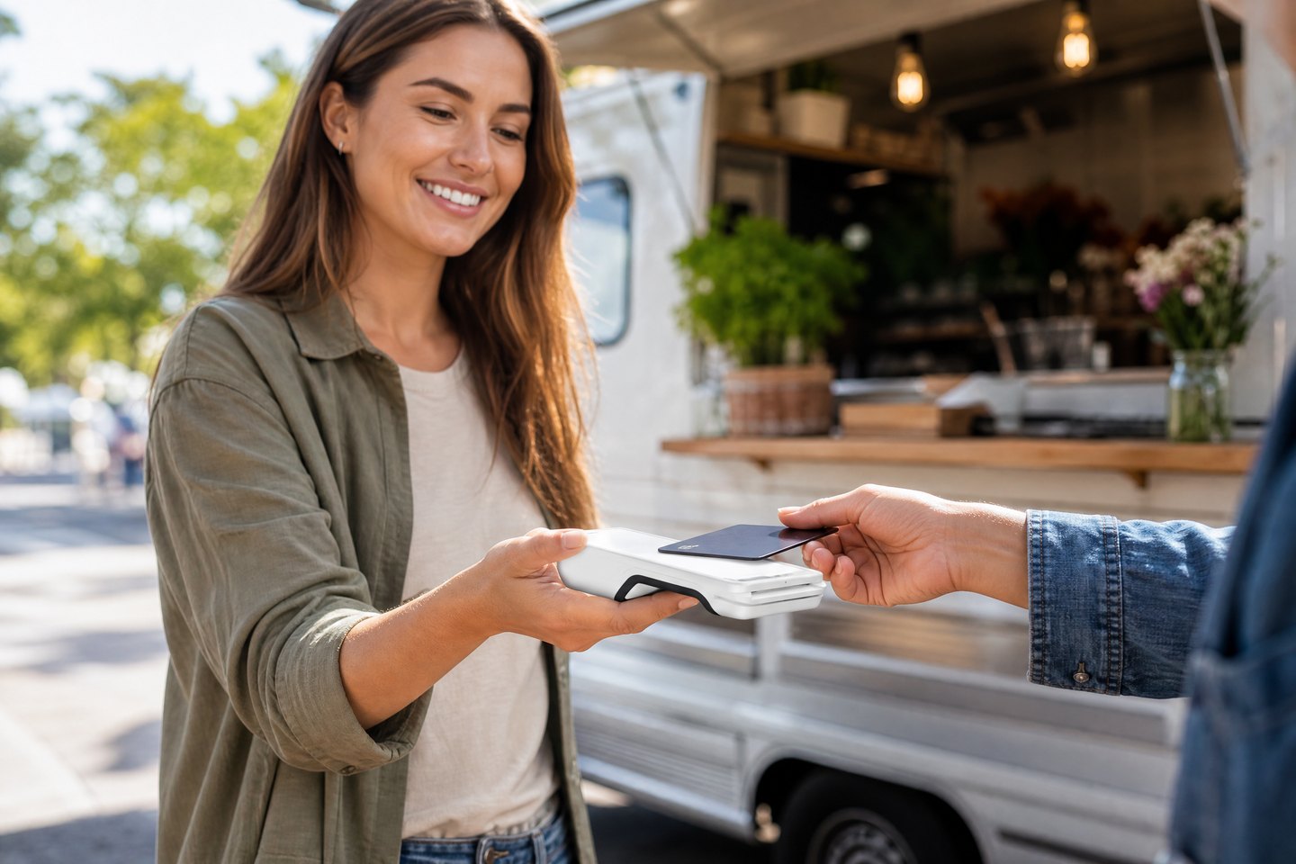 Mobile business accepting payment with a handheld point-of-sale terminal