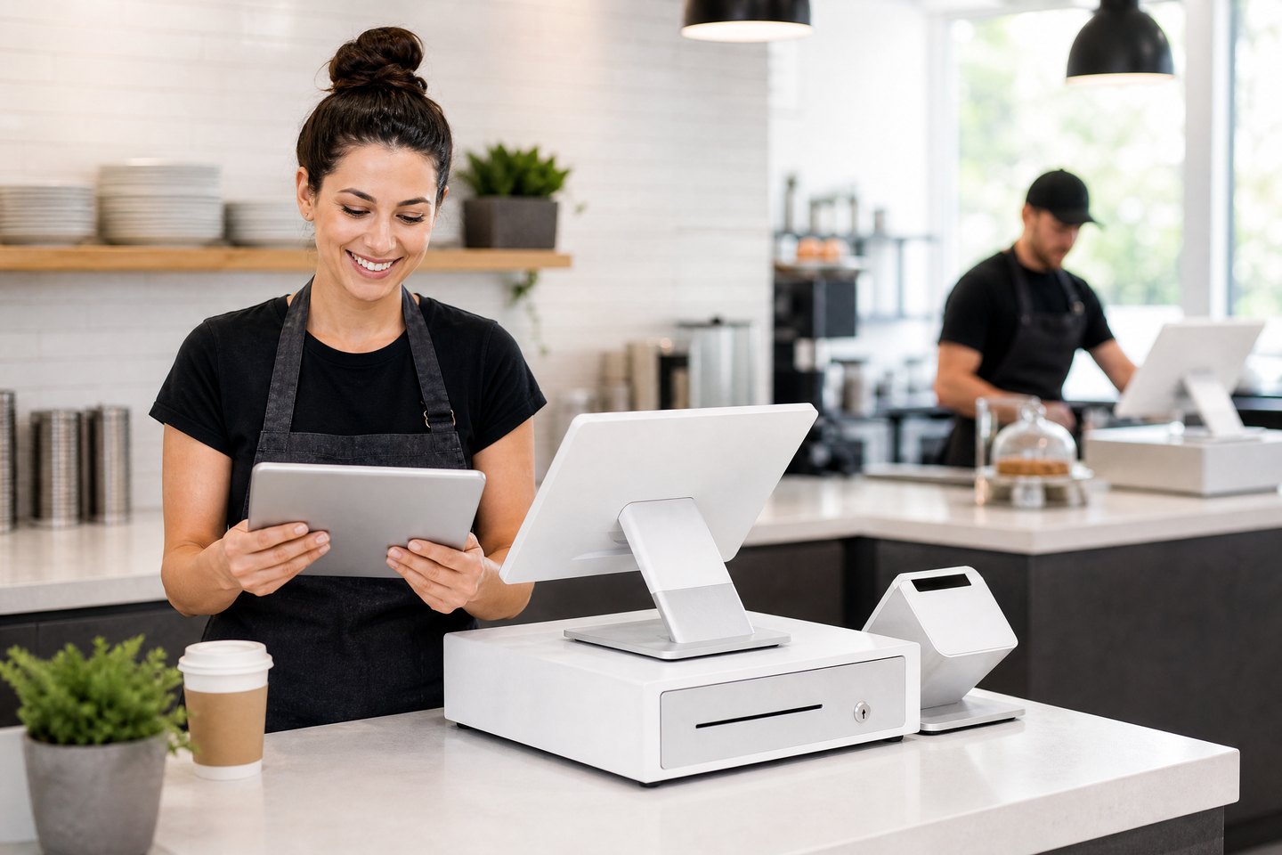 Business owner reviewing operations alongside a countertop point-of-sale system