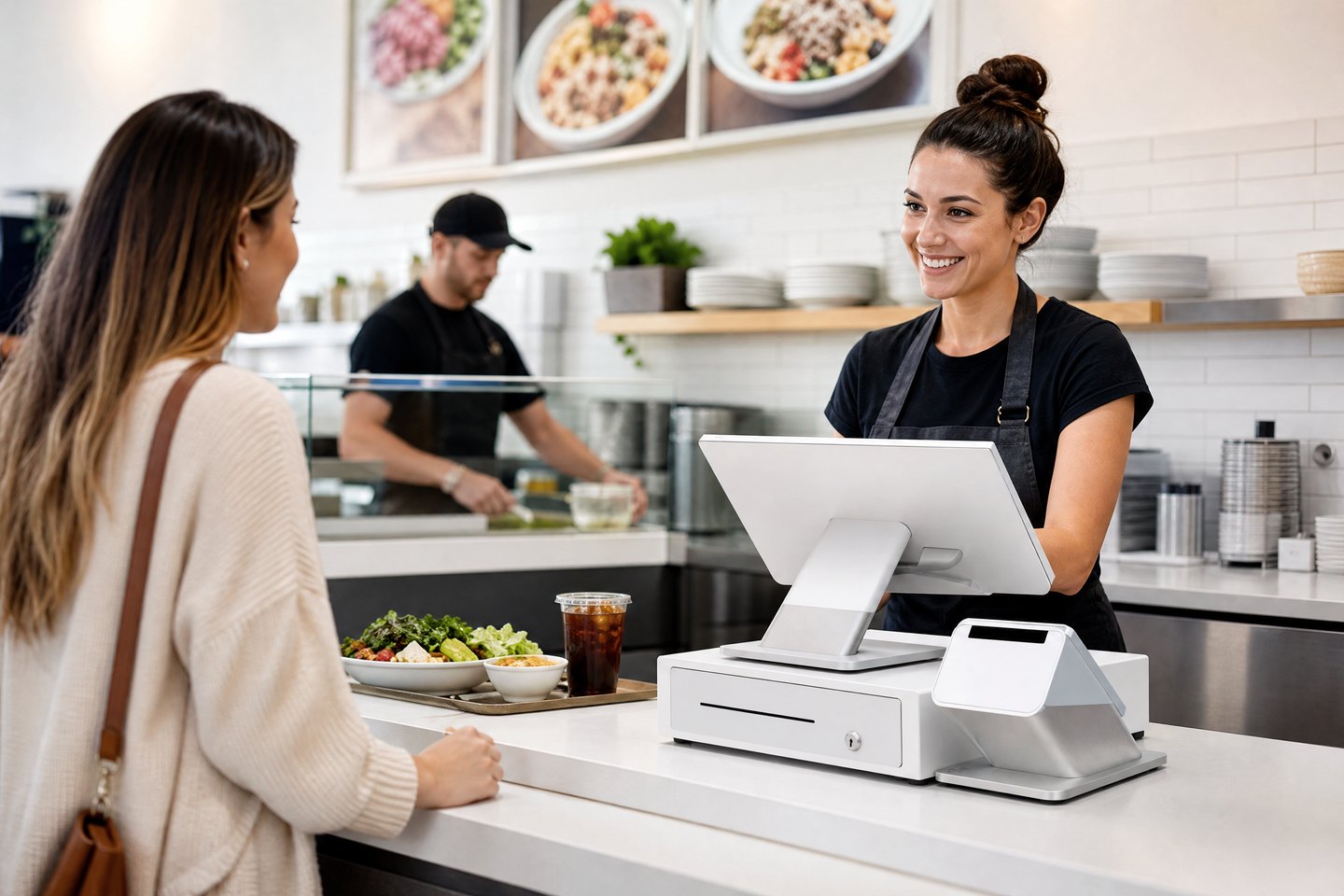 Restaurant staff using a countertop point-of-sale system
